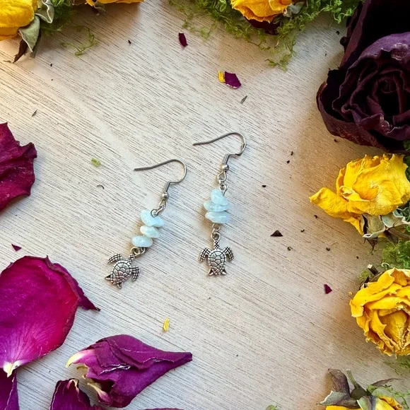 Handmade Aquamarine Earrings with Turtle Charms - Picture 2 of 3